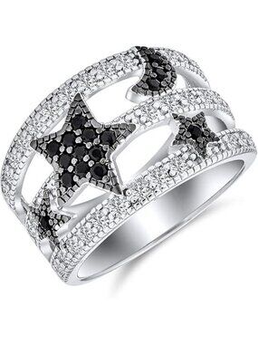 Black White Pave Cubic Zirconia CZ Fashion Celestial Patriotic USA Ring